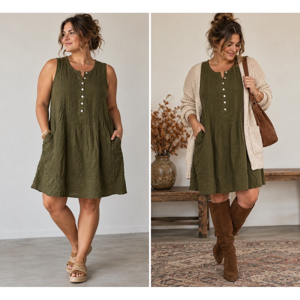 Quince Women's Medium Olive Green 100% European Linen Sleeveless Swing Dress
